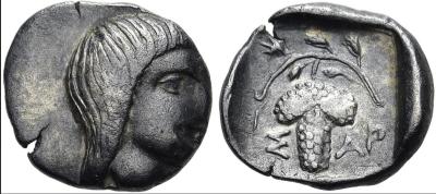 0,65. Saratokos, um 400 v. Chr. Trihemiobol ø 11mm (0,79g). Mzst. Thasos?...jpeg